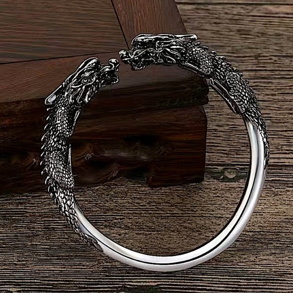 Dragon Silver Bangle Bracelet, Double Headed Viking Design - Picture 1 of 5